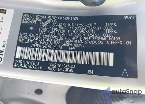 2007 Toyota 4Runner Sport V6 from USA, damaged, VIN JTEBU14R070124318